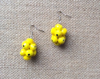 Handcrafted One-of-a-kind Grape Cluster Styled Dangle Yellow Glass Beaded Pierced Earrings
