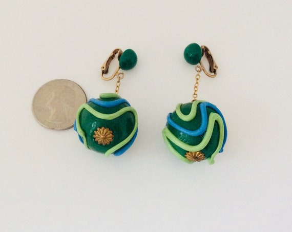 Mod Dangle Clip On Retro Green Earrings with Lime… - image 2