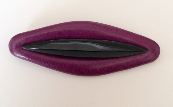 Funky Purple Leather and Black Lucite Brooch - image 1