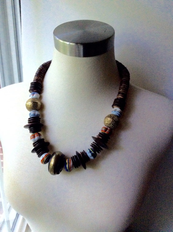 Bohemian Beaded Wooden, Ceramic and Brass Necklace - image 3