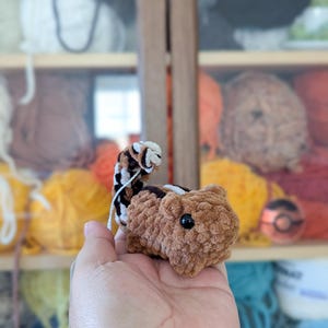 Peut inclure: Un cochon d'Inde en crochet marron avec un œil noir et une queue rayée. Le jouet en peluche est tenu dans une main, avec un arrière-plan flou de fil et d'étagères en bois. Le cochon d'Inde est une création douce et câline.