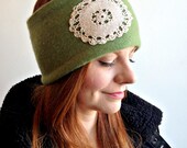 Pistachio Cashmere Headband with Doily Detail (upcycled)