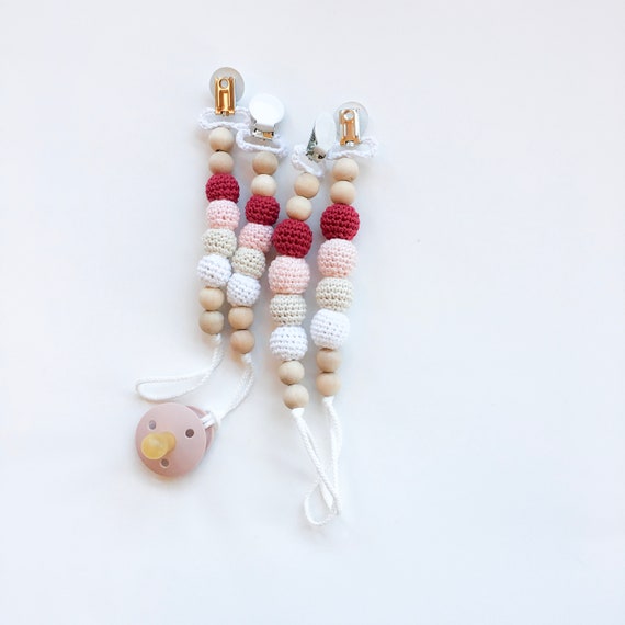 Crocheted Beads Pacifier Clip -- Eco-friendly pacifier clip -- crocheted wooden beads -- Baby Teether