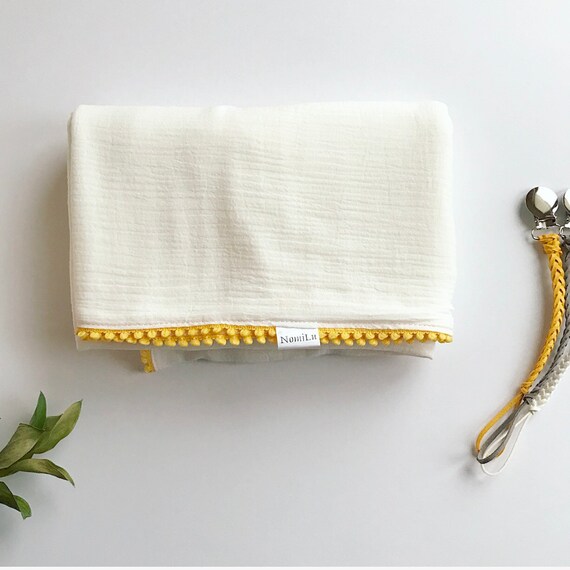 NomiLu Yellow Pom Swaddle Blanket -- Large Double Layered NomiLu Mulsin Pom Blanket -- Cotton Muslin Gauze Swaddle Blanket -- Swaddle