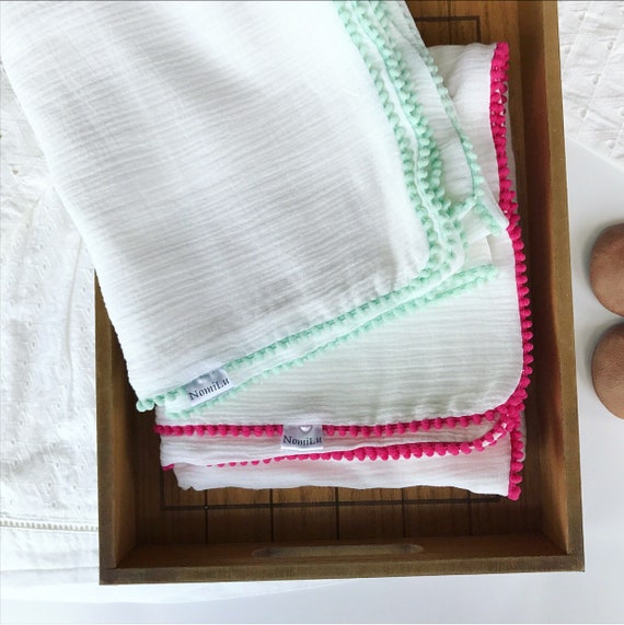 NomiLu Spring Confetti Swaddles - WHITE Mulsin Pom Swaddles - Cotton Muslin Gauze Swaddle Blanket