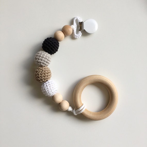 Harvey Clip - Crocheted Beads Pacifier Clip -- Eco-friendly pacifier clip -- crocheted wooden beads -- Baby Teether