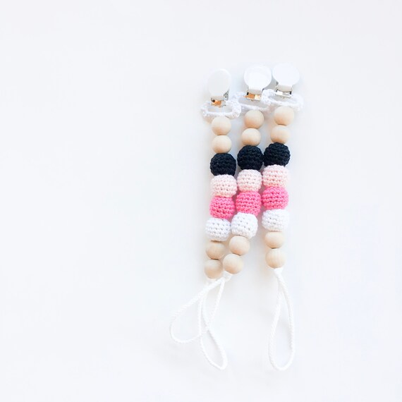 Crocheted Beads Pacifier Clip -- Eco-friendly pacifier clip -- crocheted wooden beads -- Baby Teether