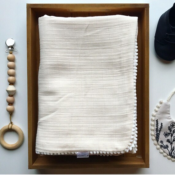 NomiLu Double Gauze Swaddle - IVORY Mulsin Pom Swaddles - Cotton Muslin Gauze Swaddle Blanket