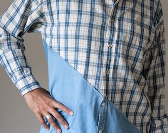 Ropa masculina reciclada, camisa hipster vintage, camisa hipster reciclada, camisa oversize suelta, patchwork