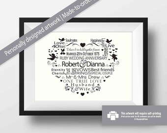 Wedding Anniversary 1st 10th 20th 25th 30th 35th 40th 50th Print. Digital Download, PRINTABLE, DIY, Personalised Custom Word Art UK