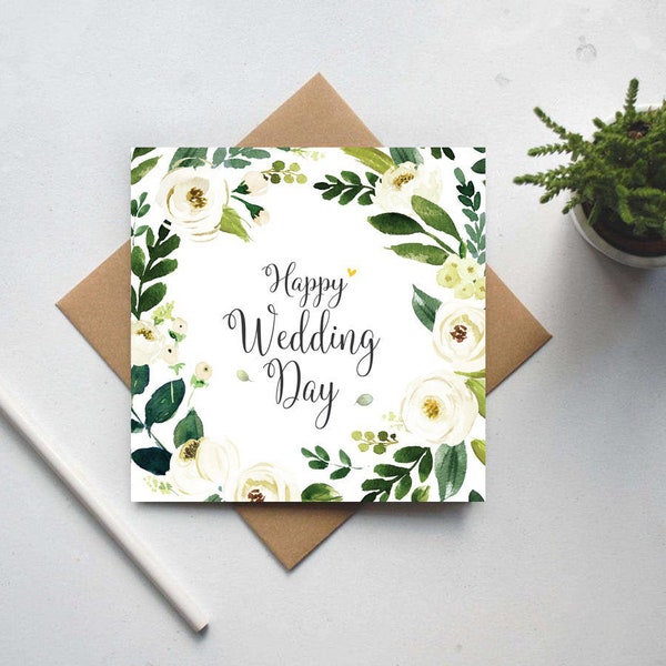 Happy Wedding Day Card - Floral Wreath - Mr and Mrs Congratulations - Wedding Card UK (GC157A)