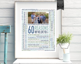 DIGITAL Download, Custom 60th Birthday Gift for Mom, Gift for Women, For Grandma, Gift for HER, 60 Reasons We love You Personalised Word Art