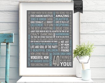 Regalo personalizado de arte con palabras para el 40 cumpleaños: Póster con 40 razones por las que te queremos (archivo digital)