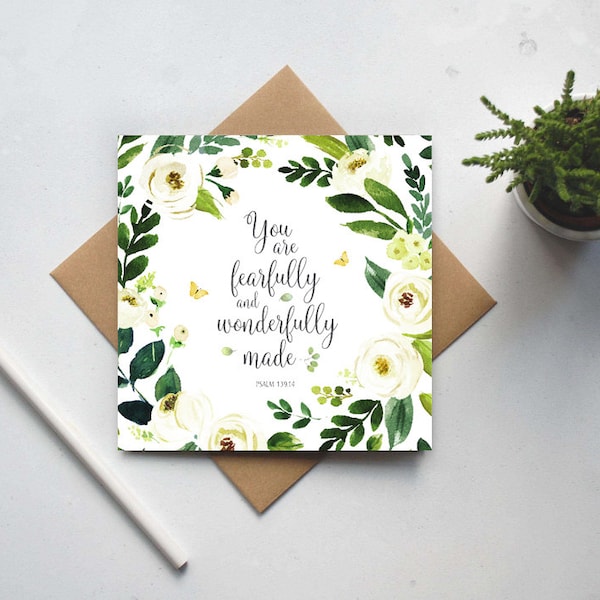You are fearfully and wonderfully made - Psalm 139:14 - Wreath - Dedication Card - New Baby Card - Baptism Card - Christian Cards (GC150)