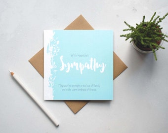 With heartfelt Sympathy - Bereavement card - Sympathy card - Condolence card - Sorry Card - Teal Floral - Modern greetings - Brush lettered