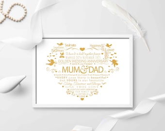 50th Golden Wedding Anniversary, PRINTABLE, Digital Download, Custom Word Art, Mom and Dad, Mum and Dad, Gift for Parents, UK