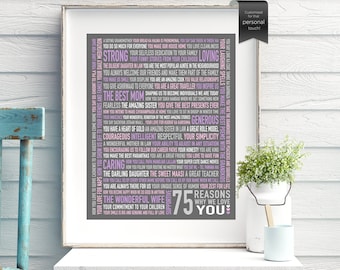 75th Birthday Gift for HER, For Mum, For Mom, Born 1949, 75 Things, Custom 75 Reasons Why We Love You, Personalised Word Art, DIGITAL Files