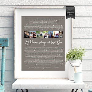 May include: A framed print with a gray background and white text that reads "70 Reasons why we love you". The print features a collage of photos of a family and friends. The print is framed in a white frame and is hanging on a white wall.