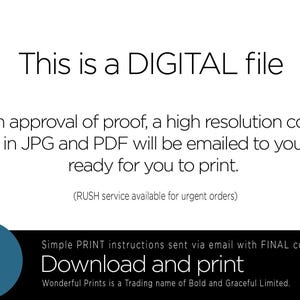 Puede incluir: Texto sobre un fondo blanco que dice "Este es un archivo DIGITAL. Tras la aprobaci&oacute;n de la prueba, se le enviar&aacute; por correo electr&oacute;nico una copia de alta resoluci&oacute;n en JPG y PDF, lista para imprimir. (Servicio RUSH disponible para pedidos urgentes) Instrucciones de impresi&oacute;n sencillas enviadas por correo electr&oacute;nico con las copias FINALES. Descarga e imprime. Wonderful Prints es un nombre comercial de Bold and Graceful Limited."