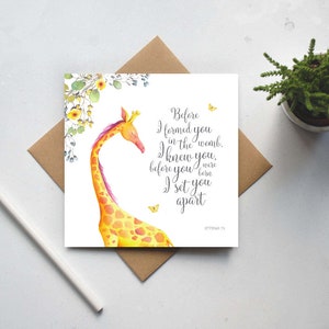 Tarjetas cristianas, tarjeta con versículo bíblico, Escritura, Antes de formarte en el vientre te conocí - Jeremías 1:5 Tarjeta de dedicación para bautizo (GC140)