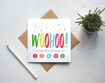 May include: A white card with a colorful "WOOHOO!" greeting and the text "Congratulations!!!" with confetti and icons.