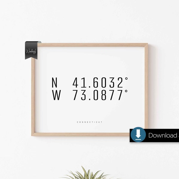 Connecticut Print, Connecticut City Art, Instant Digital Download, Printable Wall Art Decor, Connecticut Coordinates, Lat Long Minimalist