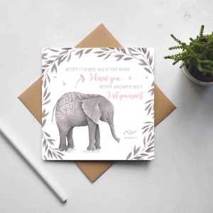 Tarjeta de bautizo, tarjetas cristianas, tarjeta de bautismo, tarjeta de dedicación, Antes de formarte en el vientre te conocí, Jeremías 1:5 Elefante (GC27E3)