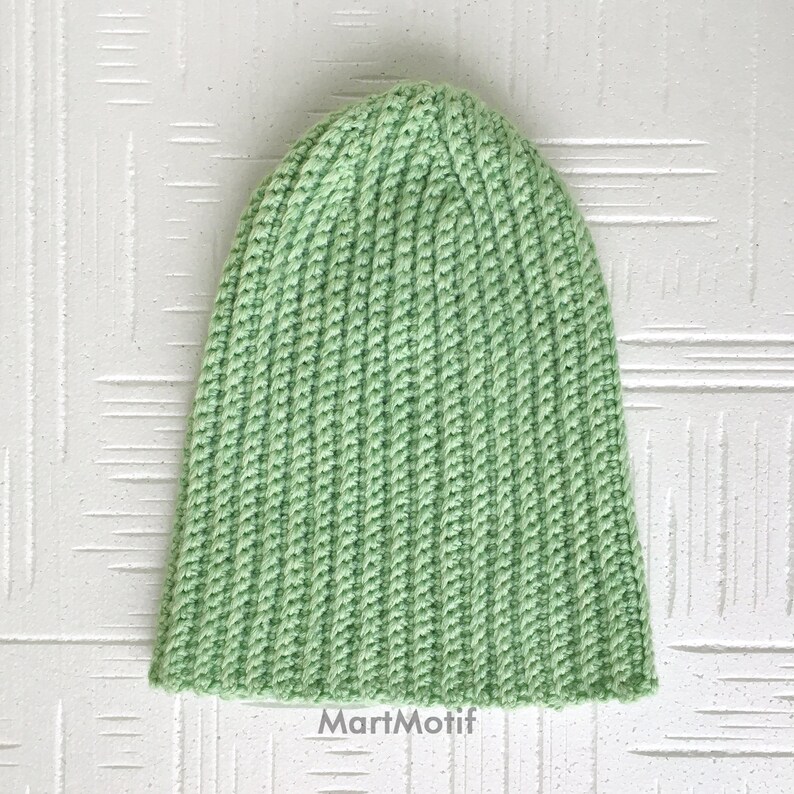 Slouchy Beanie Hat Chunky Brim Hat in Light Green Crochet Merino Wool Hat Warm Winter Knit Hat