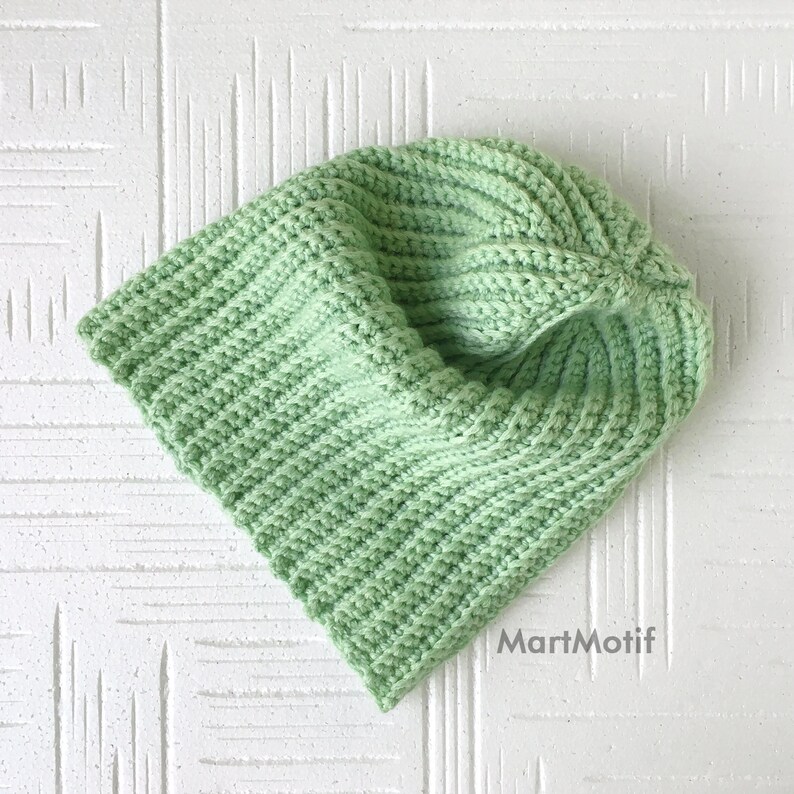 Slouchy Beanie Hat Chunky Brim Hat in Light Green Crochet Merino Wool Hat Warm Winter Knit Hat