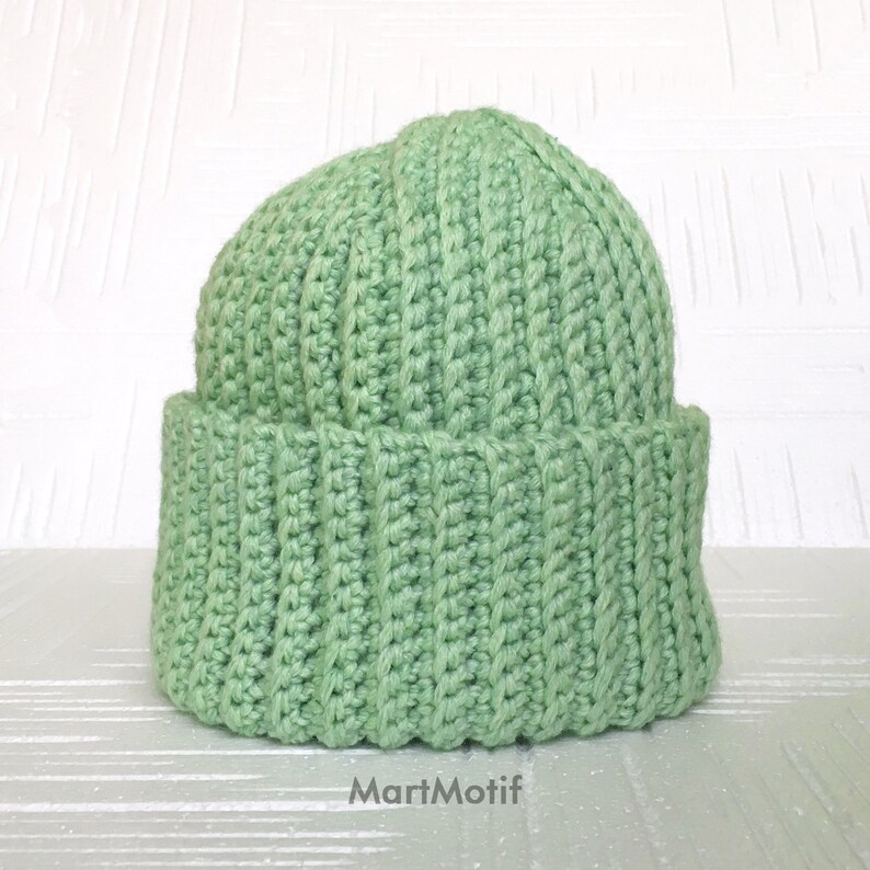 Slouchy Beanie Hat Chunky Brim Hat in Light Green Crochet Merino Wool Hat Warm Winter Knit Hat