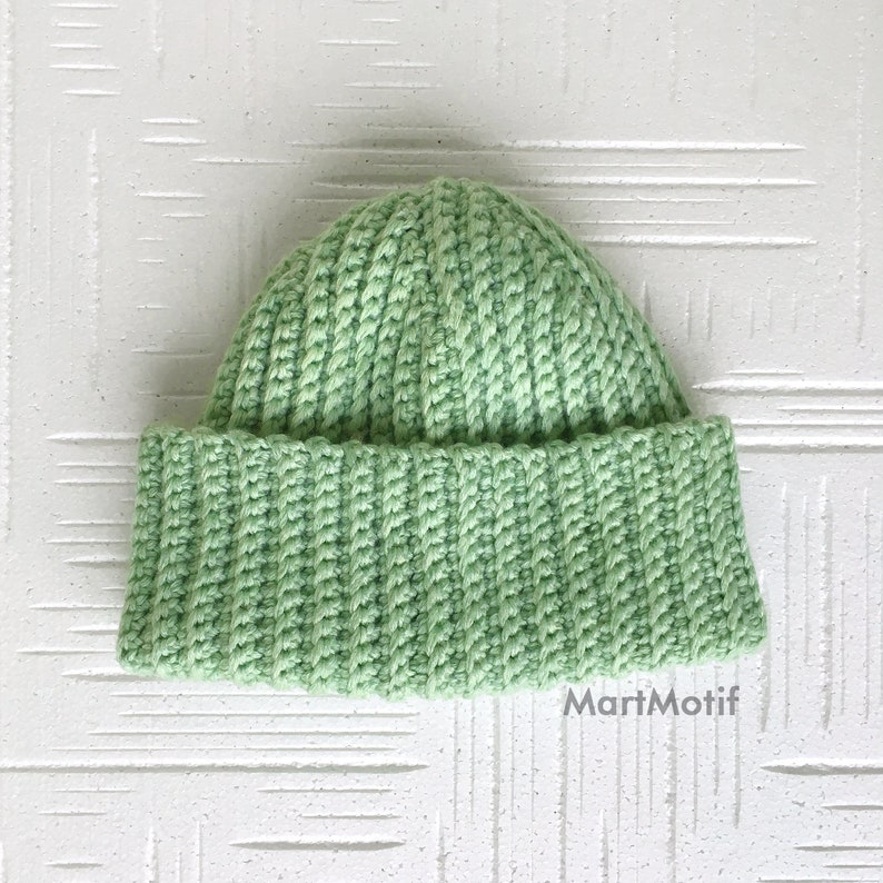 Slouchy Beanie Hat Chunky Brim Hat in Light Green Crochet Merino Wool Hat Warm Winter Knit Hat