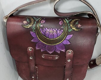 Lotus Moon Leather Cross Body Messenger Bag Witchy Purse