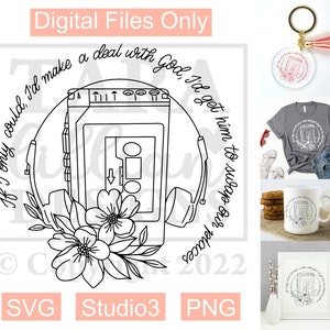 Könnte beinhalten: Schwarzweißes Line-Art-Design eines Kassettenrekorders mit Kopfhörern und Blumen. Der Text "Wenn ich nur könnte, würde ich einen Deal mit Gott machen, ich würde ihn dazu bringen, unsere Plätze zu tauschen" ist um das Kassettenband geschrieben.
