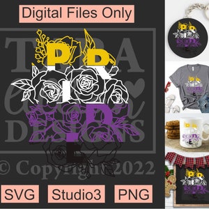 May include: A digital design featuring the word "Pride" in yellow, white, and purple, surrounded by black and white floral elements. The design is set against a dark grey background and includes the text "Tara Designs" and "Copyright 2022".