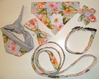 Dog collar lead bandana flower bow tie pink lily on gray cat  rabbit