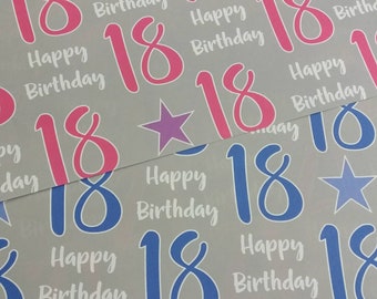 18th Birthday Gift Wrap, 18th wrapping paper, gift wrap, birthday, pink wrap, blue wrap, grey wrap, 18, 18th, boys, girls, 2 x A3 sheets