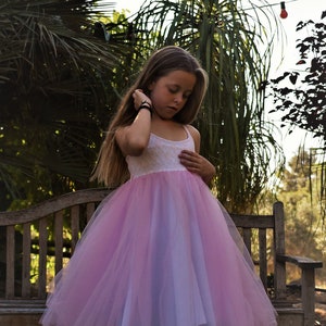 Flower pink tulle dress - Summer twirly tulle dress - Communion dress for girls - Tulle and lace girls dress - Bridesmaid girl dress