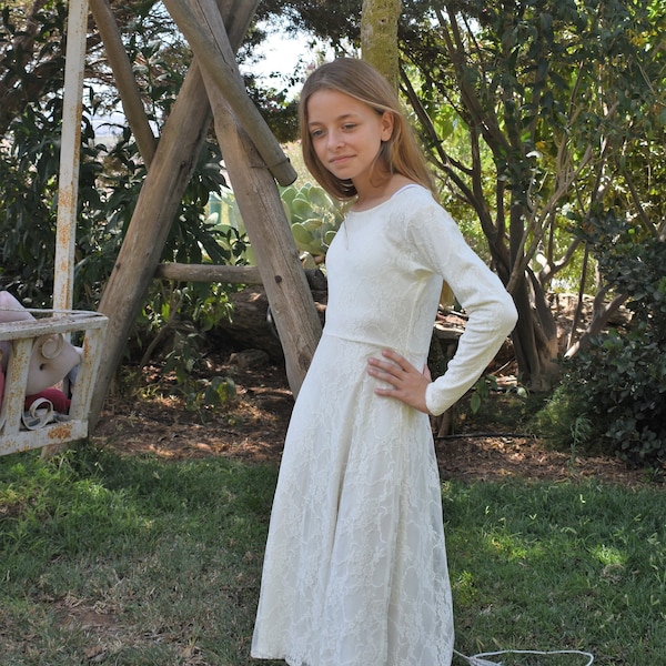 Ivory long sleeve dress for girls - Girl's ivory lace dress - Long sleeve party dress for toddler girls - Teenage party dress