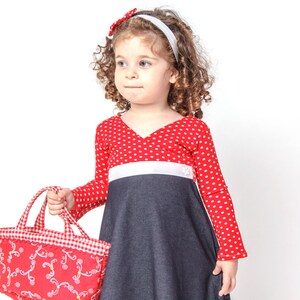 Girls red dot and Jeans twirl dress - Long sleeve girls twirl dress - Back to school twirl dress for toddler girls