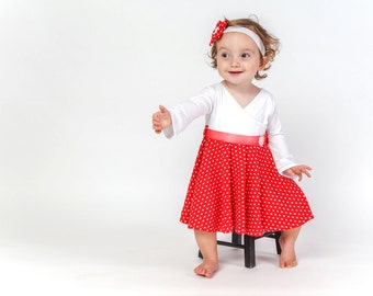 Red polka dot long sleeve dress for babies - unique dress for baby - first birthday dress - shower baby dress