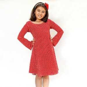 Girls Long sleeve red dress - girls red polka dot twirly dress - red winter dress for girls