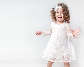 White long sleeve party dress for girls - Girl's white lace dress - long sleeve party dress for toddler girls