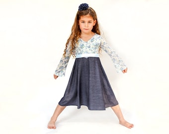 Girls Long sleeve flower jeans dress - girls jeans twirly dress - blue winter dress for girls