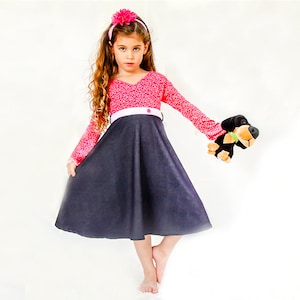 Vestido jeans enrolado para meninas - Vestido rosa de manga comprida para meninas e jeans - vestido de inverno para meninas