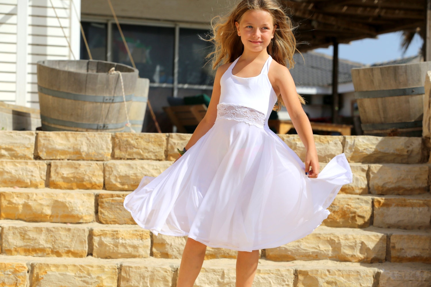 White Dress With Lace for Girls - Summer Twirly White Dress