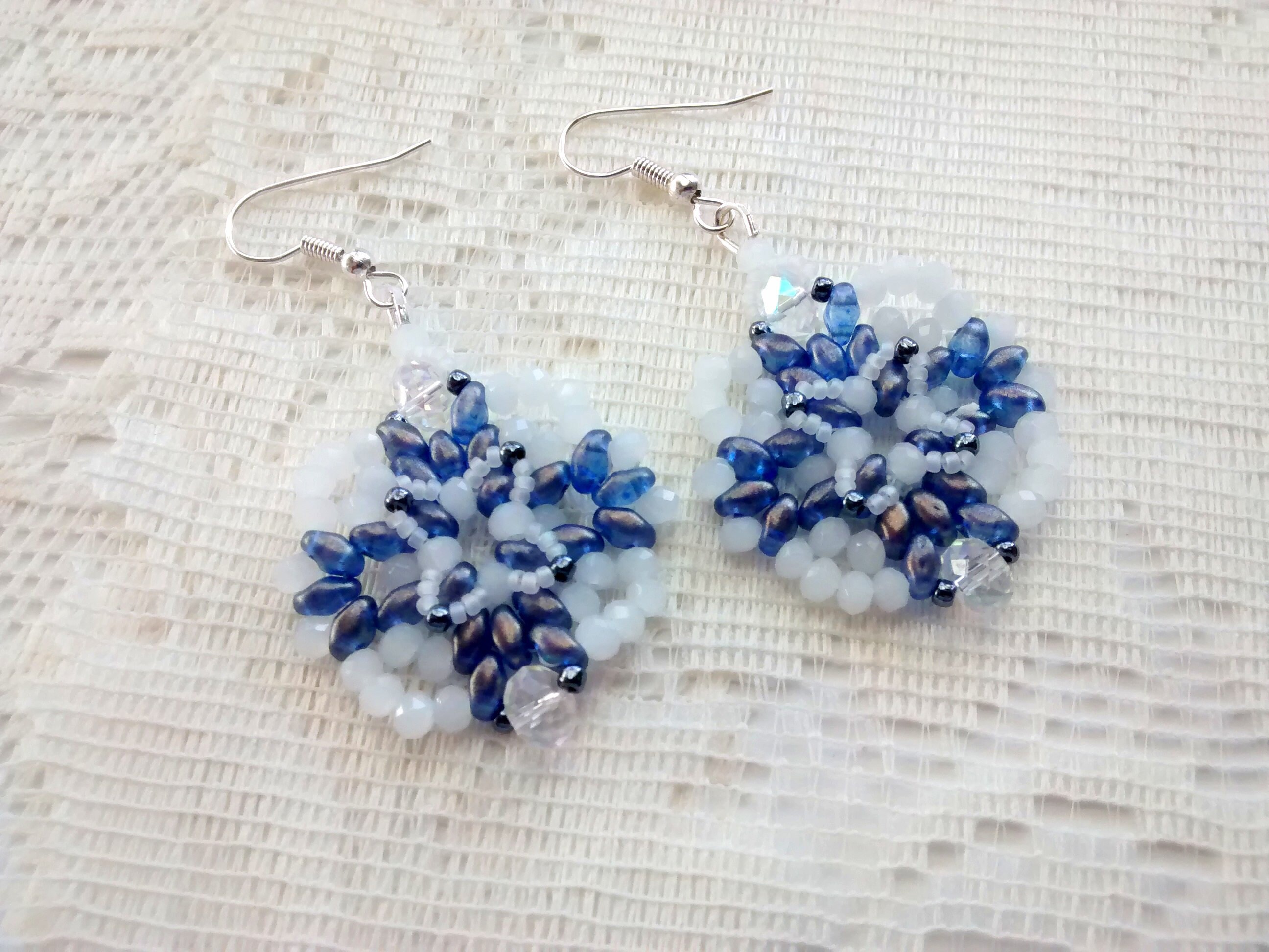 Blue White Beaded Earrings Super Duo Earrings Blue Dangle - Etsy