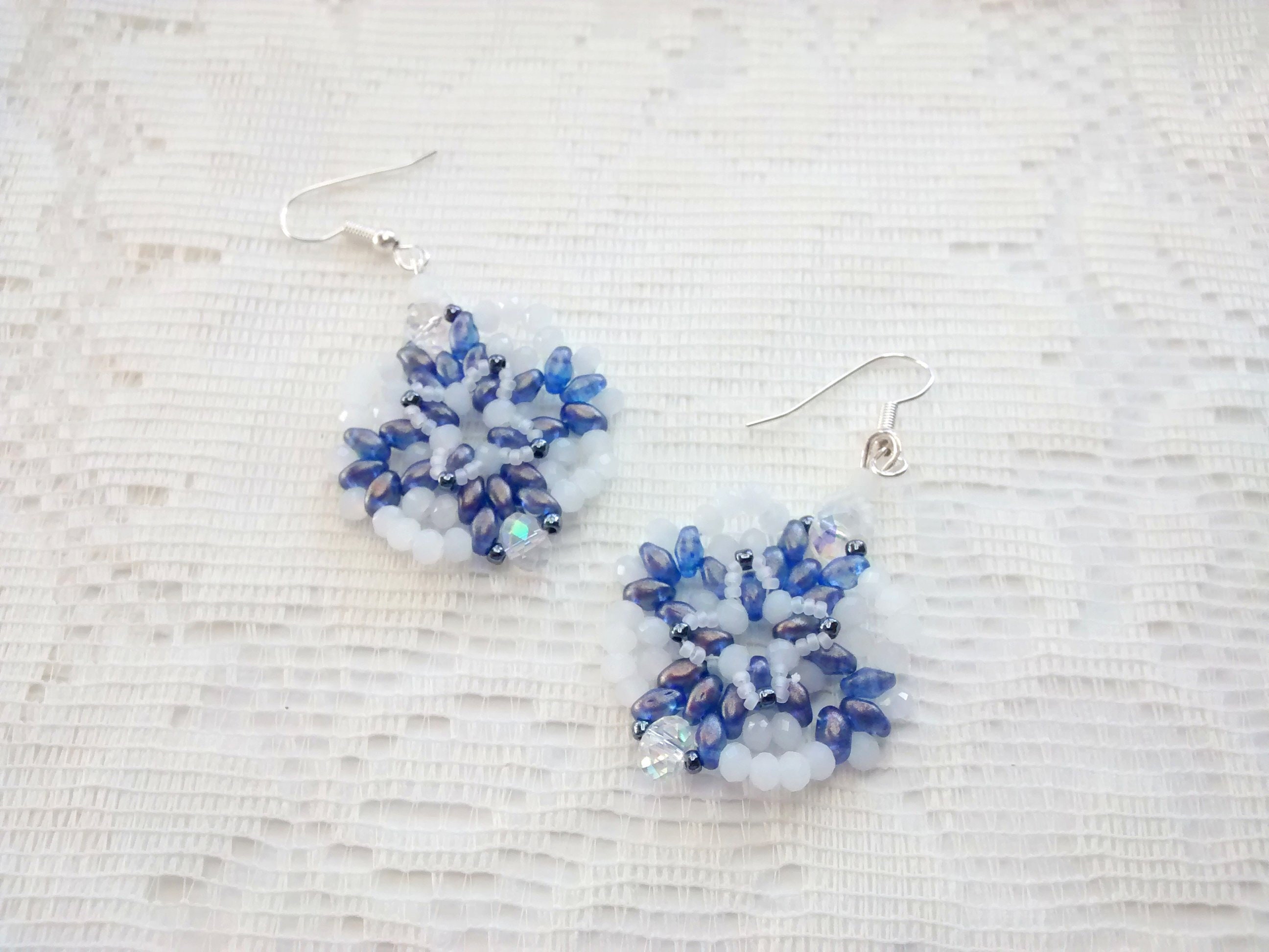 Blue White Beaded Earrings Super Duo Earrings Blue Dangle - Etsy