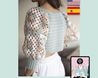 Patrón de crochet top bohemio de granny squares en libro digital de amigurumi, tricot y ganchillo The Sewing Box Magazine