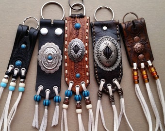 TOOLED LEATHER KEYCHAIN With White Fringe, Oval Antique Silver Concho, Turquoise Studs, Handstitching. Large Embossed Leather Fob.