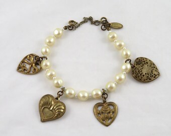 Vintage Miriam Haskell Bracelet Faux Pearls Brass Heart Charms 7.5"
